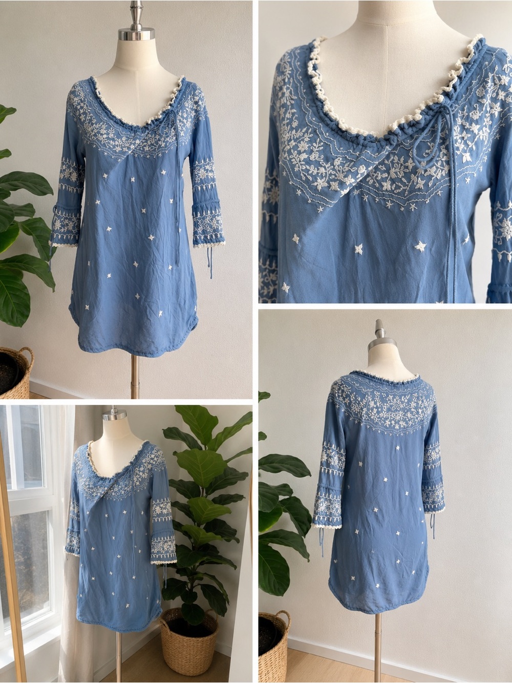 H&M Sky Blue Embroidered Tunic Top